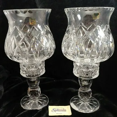 Buy HEAVY Set Of (2) 11 1/8  Tall, 24% Leaded Crystal Hurricane Style Candle Holders • 75.59£