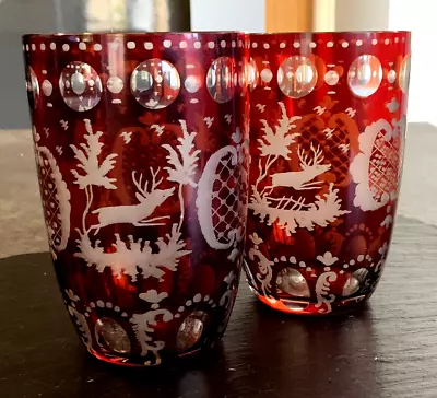 Buy Pair Of Antique Bohemain Ruby Glass Cut To Clear Tumblers • 65£