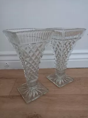 Buy Pair Of ART DECO Cut Glass Vases 8.5  Tall • 29.99£