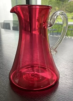 Buy Large Vintage Cranberry Water Jug With Ribbed Clear Glass Handle • 6.75£