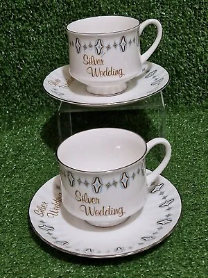 Buy Royal Sutherland Bone China Silver Wedding Anniversary 2 Teacup & Saucer Set BOX • 12.99£