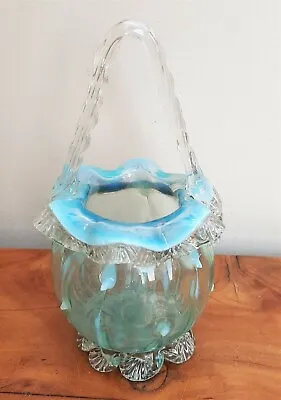 Buy Victorian Opalescent Pearline Blue Glass Basket Bohemian English • 65£