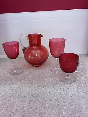 Buy Vintage Cranberry Glass Jug & 3 Glasses • 19£