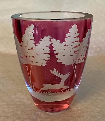 Buy VTG Bohemian Glass Deer Forest Ruby Red Etched Cut To Clear Vase / Tumbler 3.75” • 28.45£