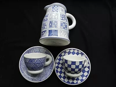 Buy A V Venasque French Studio Pottery Blue And White 2 X Cups And Saucers And Jug • 19.99£