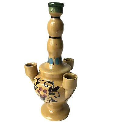 Buy Vtg French Pottery Vase Yellow Ware Hand Painted Art Multi Stem 5 Finger Flowers • 86.66£