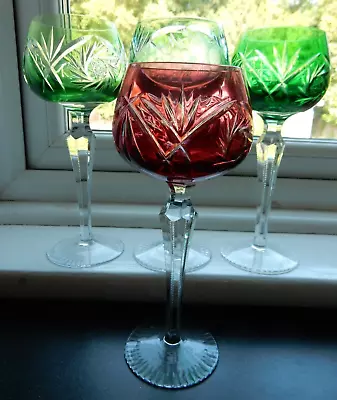 Buy 4 Vintage Hock Wine Glasses Crystal Hand Cut Pinwheel Zipper Stem Green Red 19cm • 69.99£