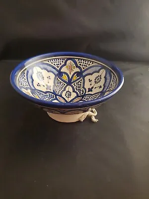 Buy Vtg SAFI Moroccan Pottery Bowl Footed Wall Plate Handpainted Signed Redware Blue • 33.20£