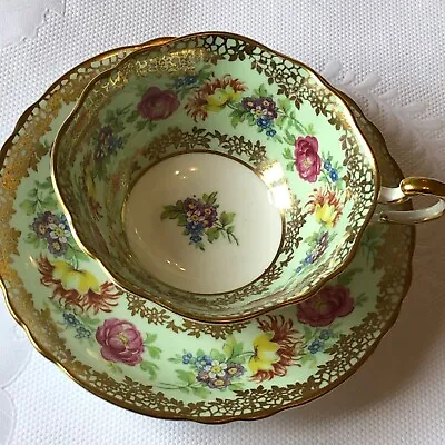 Buy Vintage Paragon Cup & Saucer Green & Gold Bowl Shape 1936-49 Floral Lace Design • 37.05£