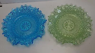 Buy Sowerby Glass Pair Of Chunky Hob & Button 2266 Ruffled Rim Turquoise & Green • 24.99£