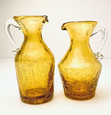 Buy Vintage Amber Crackle Glass Pitcher 2 Mini Bud Vase Art Glass Pilgrim Blenko MCM • 36.45£