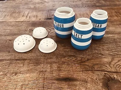 Buy Vintage Flour Salt And Sugar Shakers Ceramic Pots Jars Striped TG Green Cornish  • 20£