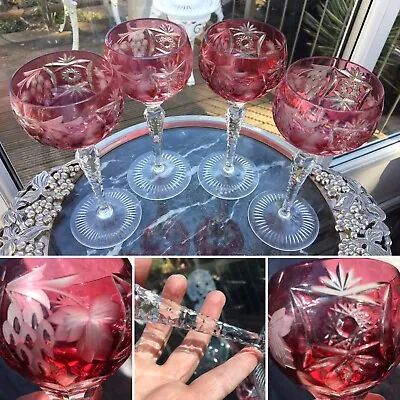 Buy 1 Rare PAIR NACHTMANN TRAUBE Cut To Clear HOCK Wine Glasses 6 7/8” RUBY RED MINT • 110£