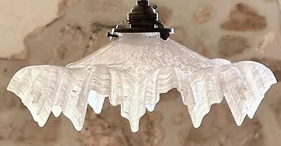 Buy Vintage French Marbled Glass Frilly Coolie Light Shade White + Brass Fittings • 75£