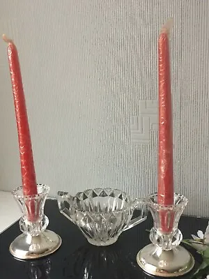 Buy Low Silver Plated Candlestick Glass Candle Holder Pillar Wax W/ Clear Sugar Bowl • 12£