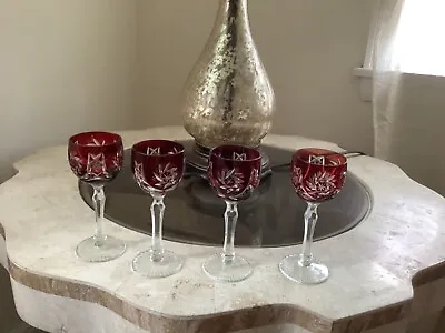 Buy Set Of 4 Bohemian Czech Cut To Clear Crystal Cordial Glasses Ruby Red • 77.08£