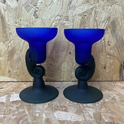 Buy 2x Vintage Cobalt Blue & Emerald Green Frosted Glass Candlestick Holders 5  • 14.99£