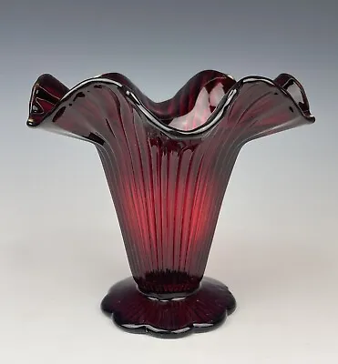 Buy Ruby Red Glass Vase Ruffled & Ribbed 5 1/2” Tall  • 9.63£