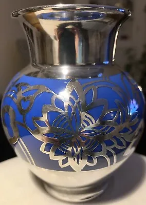 Buy Vtg Thomas Of Bavaria Cobalt Blue Silver Overlay Small Vase 4.5” • 33.78£