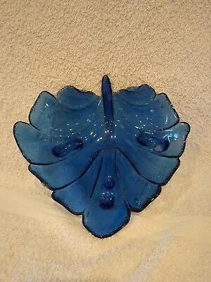 Buy Vintage Large Cobalt Blue Art Glass Leaf Shaped Bowl • 10.99£