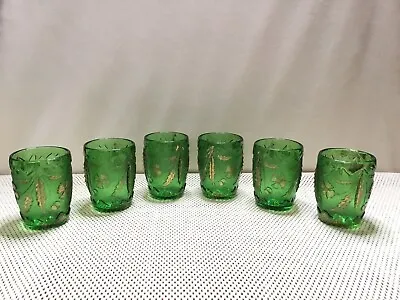 Buy Eapg Gold Gilt Emerald Green  U. S. Glass Co. Delaware Pattern Tumbler Set - 6 • 122.80£