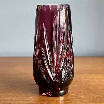 Buy Czech Bohemian Cranberry Red Cut To Clear Heavy Glass Vase • 18£