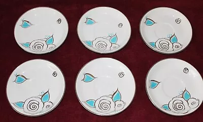 Buy 6 Gray's Pottery Susie Cooper Hand Painted Silver Lustre & Turquoise Tea Saucers • 24.13£