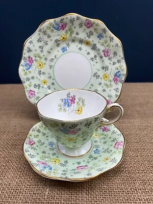 Buy Vintage Art Deco Green Floral Chintz Foley English China Cup & Saucer Trio-3 • 15£