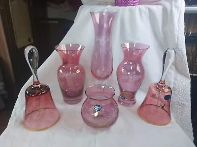 Buy 6 X Czech Bohemian Cranberry Etched Glass Vases And Bells Gold Rims Bell Perfect • 40£
