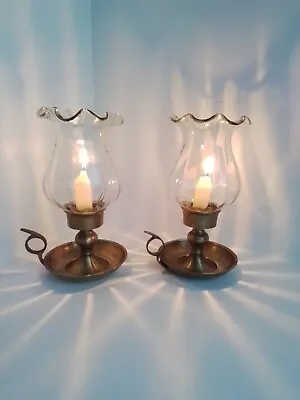 Buy Vintage Brass Wee Willie Winkie Candle Holders With Glass Cover Storm Shade X 2 • 59.99£