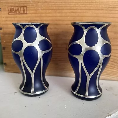 Buy Art Nouveau Pair Of Bohemian Blue Glass Vases Silver Decoration • 55£