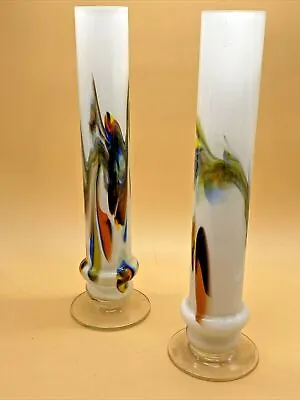 Buy Pair Of Retro 1970's Chinese Dalian Glass 'Snowflake' White & Coloured Tall Vase • 65.69£