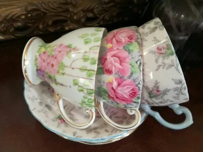 Buy Vintage China Floral Coffee Cups & Saucers Pink Chintz Rose Of Sharon Hollyhocks • 25£