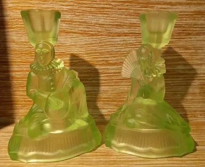 Buy Lovely  Art Deco Walther & Sohne Pierrot & Pierrette Green Glass Candle Holders • 175£