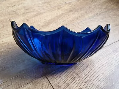 Buy Vintage Cobalt Blue Oval Ridged  Bowl 1930s Large Art Deco Glass Dish 10  Vgc • 7£