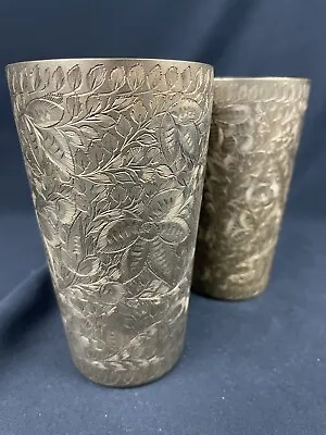 Buy Pair 1930's Brass Handcrafted Floral Inlay Engraved Milk/lassi Drinking Glasses • 33.07£