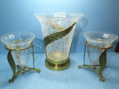Buy Vintage Crackle Glass Vases In Leaf Design Brass Holders Matching Set Of (3) • 75.69£