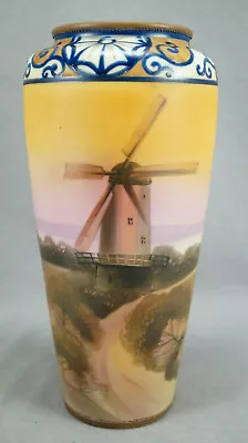 Buy Nippon Hand Painted Windmill Landscape Scene Cobalt Scrollwork 8 7/8 Inch Vase • 143.86£