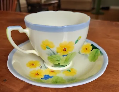 Buy Vintage ABJ Grafton China Cup & Saucer White W/ Yellow Flowers Blue Rim Flawless • 18.97£
