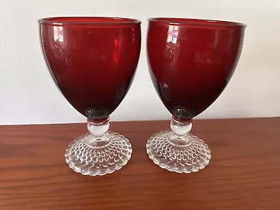 Buy Set Of 2 Vintage Anchor Hocking Crystal Bubble Foot Ruby Red Wine/Water Glasses • 18.97£