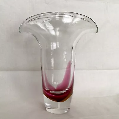 Buy Vintage Art Glass Vase Hand Blown Clear & Red Flared Rim Heavy • 12£