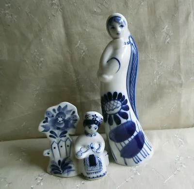 Buy 2 X RUSSIAN GZHEL FOLK ART BLUE & WHITE FIGURINES YOUNG WOMAN CHILD FLOWERS USSR • 25£