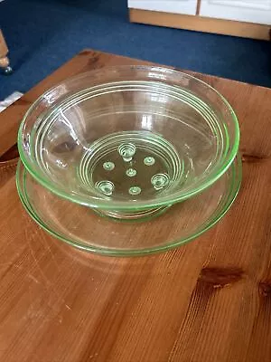 Buy Uranium Green Glass Salad Strainer/ Bowl With Base • 25£