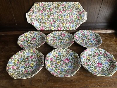 Buy 1930s Soho Pottery Solian Ware Set Of Sandwich Plate And 6 Side Plates Chintz • 10£