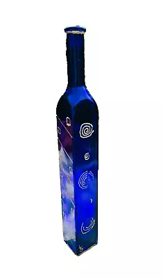 Buy Cobalt Blue Glass Bottle Cork Stopper Signed Hand  Decorated Square Base 34 Cm • 12.50£
