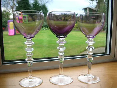 Buy THREE PURPLE HOCK/WINE GLASSES With 4 Wafer Stem 1970's 19cms High • 15£