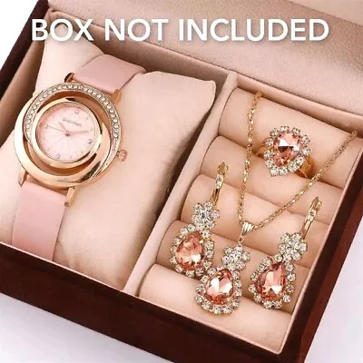 Buy Watch Gift Set For Women 5 Piece Pink Champagne Crystal Earrings Necklace Ring  • 6.99£