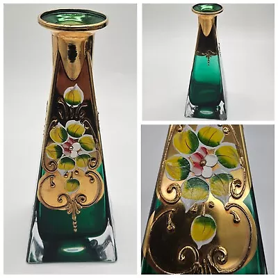 Buy Vase Decanter Emerald Green Gold Hand Painted Murano Art Glass Floral Bohemian • 193.65£