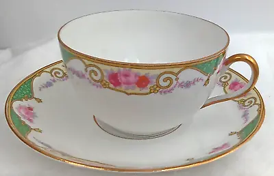 Buy Bloch & Co TeaCup Saucer Handle Coffee Eichwald Czech Floral Green White Vintage • 14.22£