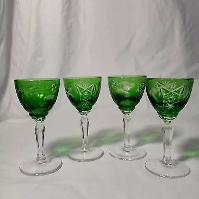 Buy Antique German Bohemian Emerald Crystal Cut To Clear Hock Glasses X4 • 358.29£
